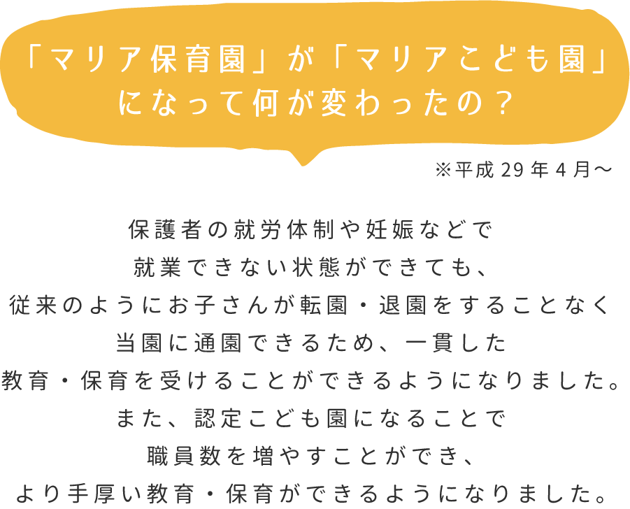 ※平成29年4月～保護者の就労体制や妊娠などで就業できない状態ができても、従来のようにお子さんが転園・退園をすることなく当園に通園できるため、一貫した教育・保育を受けることができるようになりました。また、認定こども園になることで職員数を増やすことができ、より手厚い教育・保育ができるようになりました。